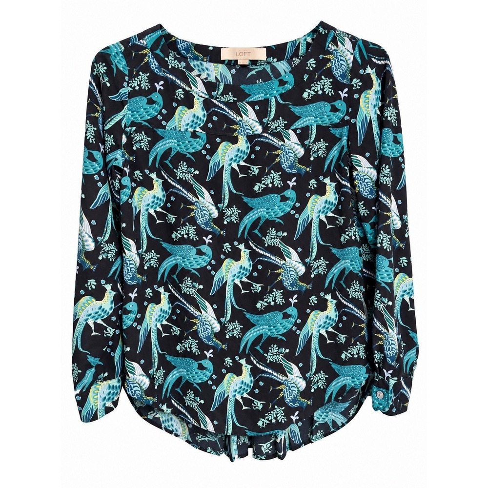 LOFT Bird Peacock Print Blouse Roll Tab Sleeve Teal Navy Whimsical Top Eclectic